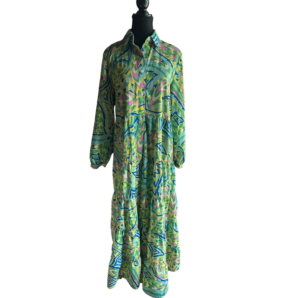 Sunday Long Sleeve Maxi Dress in Lime Green Multi